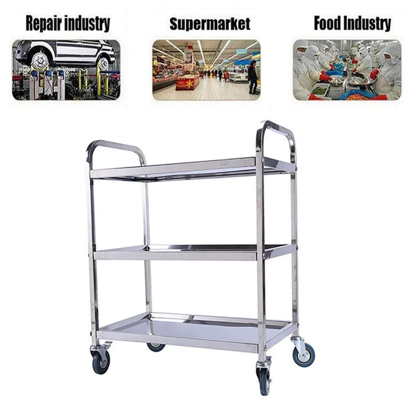 Yosoo Chariot de service avec 3 plateaux 100% acier inox (taille: 85 x 45 cm, hauteur 90 cm, 28,5 cm de distance entre les plateaux, des roues en caoutchouc