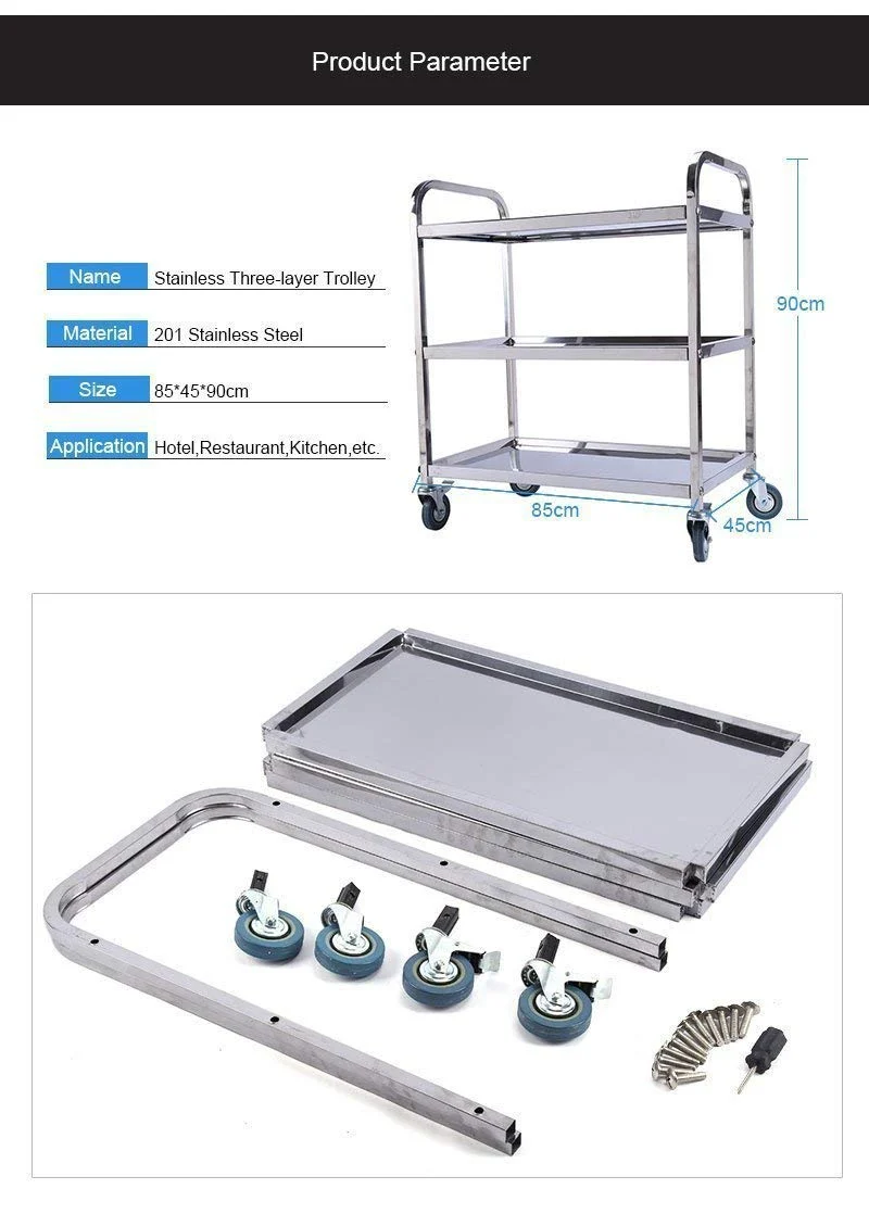 Yosoo Chariot de service avec 3 plateaux 100% acier inox (taille: 85 x 45 cm, hauteur 90 cm, 28,5 cm de distance entre les plateaux, des roues en caoutchouc