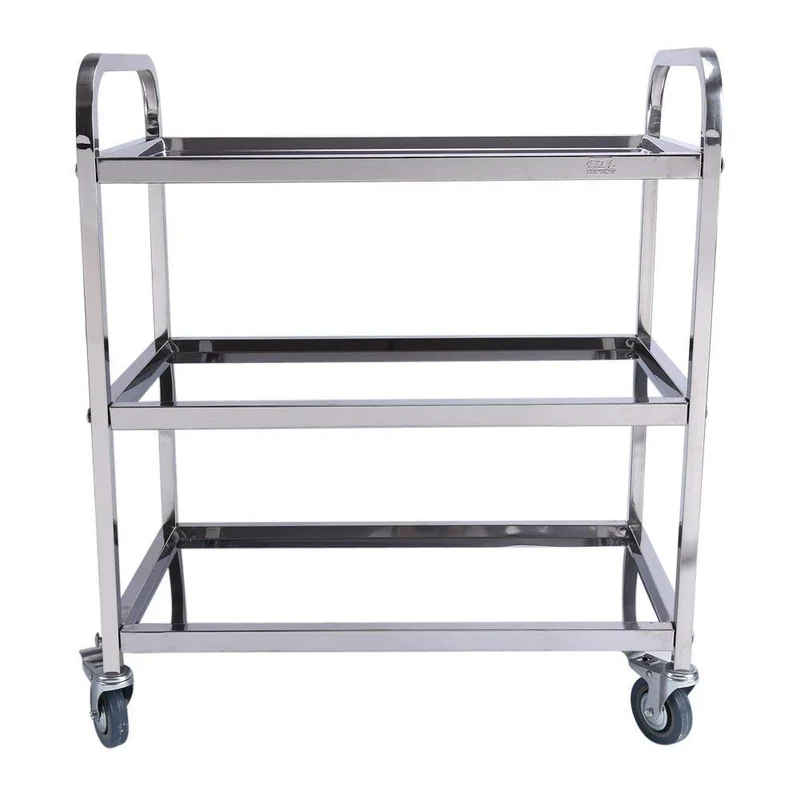 Yosoo Chariot de service avec 3 plateaux 100% acier inox (taille: 85 x 45 cm, hauteur 90 cm, 28,5 cm de distance entre les plateaux, des roues en caoutchouc