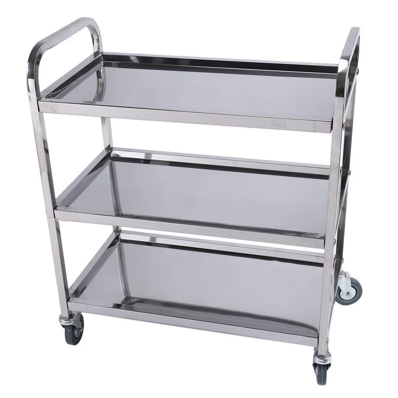 Yosoo Chariot de service avec 3 plateaux 100% acier inox (taille: 85 x 45 cm, hauteur 90 cm, 28,5 cm de distance entre les plateaux, des roues en caoutchouc
