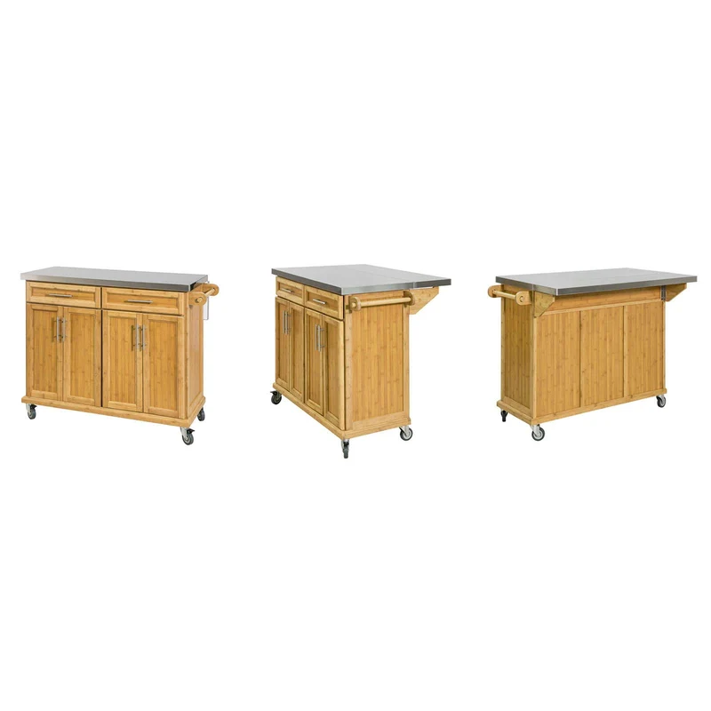 SoBuy® FKW69-N Desserte sur roulettes Meuble de Cuisine de Service Roulant en Bambou - Plans de Travail en Acier INOX Rabattables - Grande Armoire de Rangement