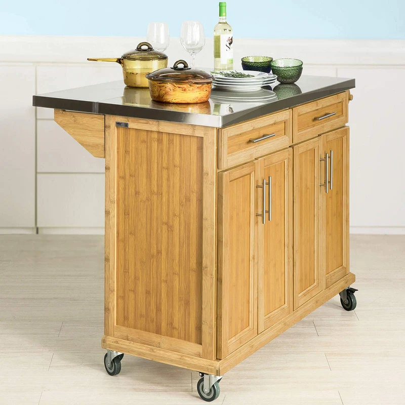 SoBuy® FKW69-N Desserte sur roulettes Meuble de Cuisine de Service Roulant en Bambou - Plans de Travail en Acier INOX Rabattables - Grande Armoire de Rangement