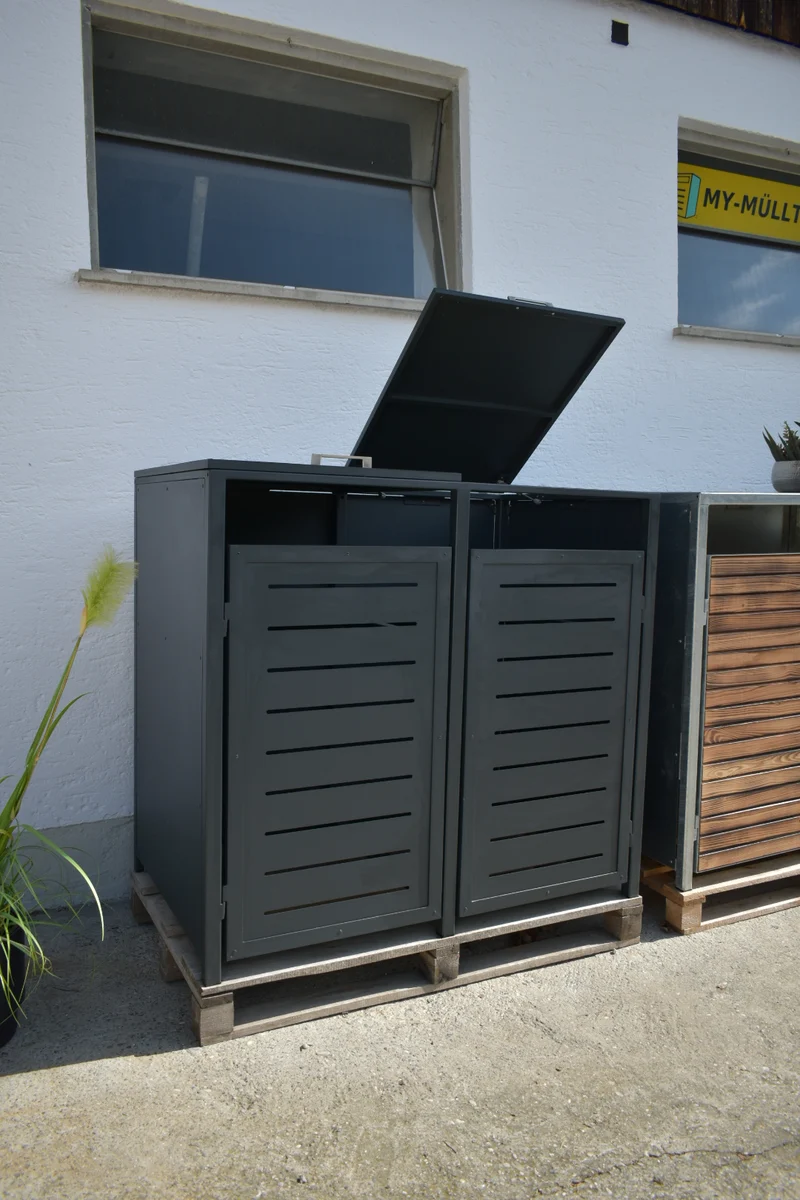 PREMIUM Metall 2er Mülltonnenbox mit Klappdach