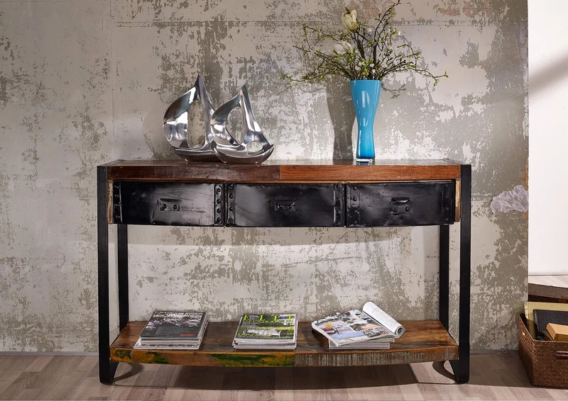 Console - Fer et bois massif recyclé laqué (multicolore) - INDUSTRIAL #42