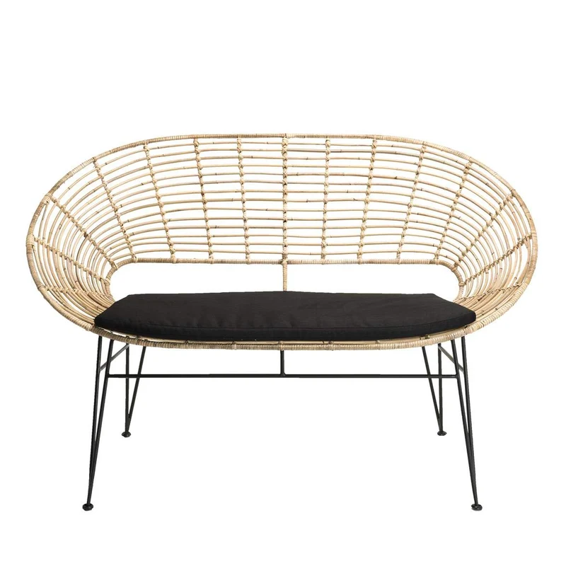 Canapé 2 Places Rotin Naturel Newport Coussin Noir Pieds Métal