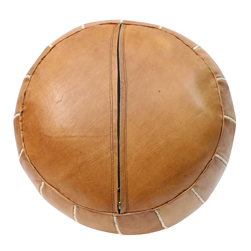 Pouf en Cuir Marocain Couleur Naturelle Repose-Pied Pouffe Rond Fait Main avec Motif Brodé Version Housse Non Rembourrée