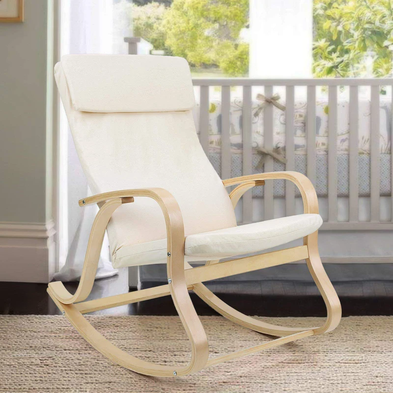 SONGMICS Fauteuil à Bascule en Bois de Bouleau, Chaise berçante, avec Oreiller, Housse en Coton, Capacité de Charge 120 kg, Beige LYY30M