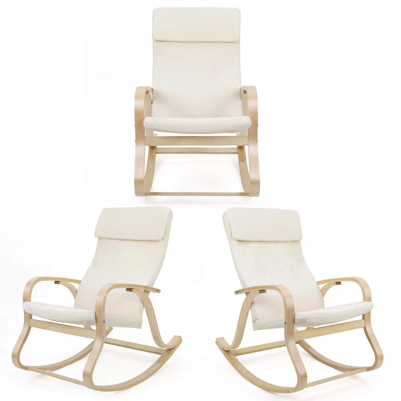 SONGMICS Fauteuil à Bascule en Bois de Bouleau, Chaise berçante, avec Oreiller, Housse en Coton, Capacité de Charge 120 kg, Beige LYY30M