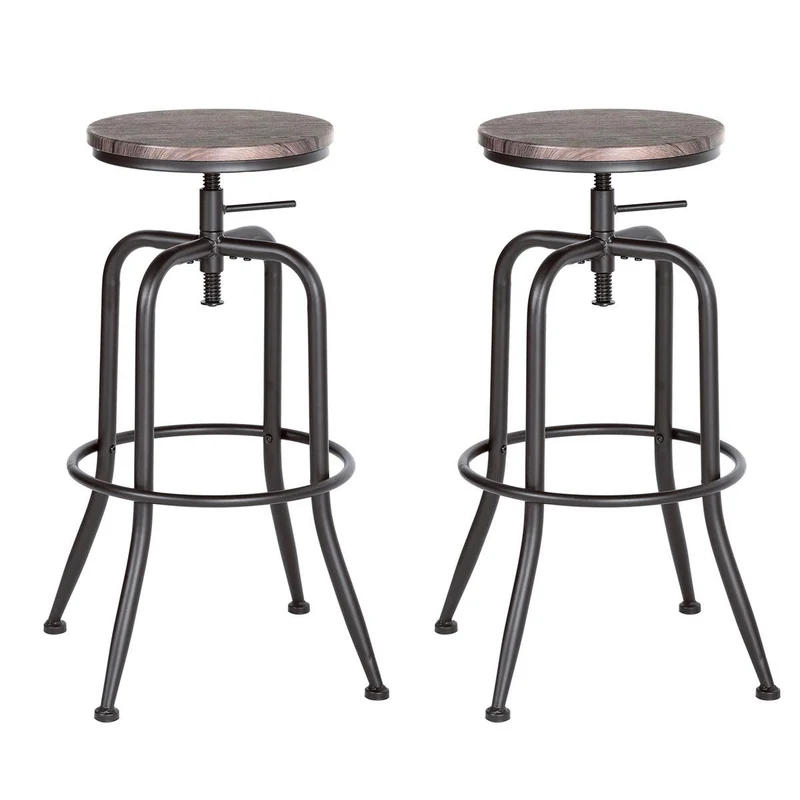 Aingoo Vintage Lot de 2 Tabourets de Bar Industriel Bar Tabouret Hauteur Réglable en Bois de Métal Design Bistro Pub Chaise, Brun Foncé