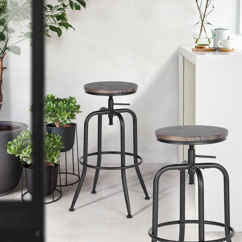 Aingoo Vintage Lot de 2 Tabourets de Bar Industriel Bar Tabouret Hauteur Réglable en Bois de Métal Design Bistro Pub Chaise, Brun Foncé