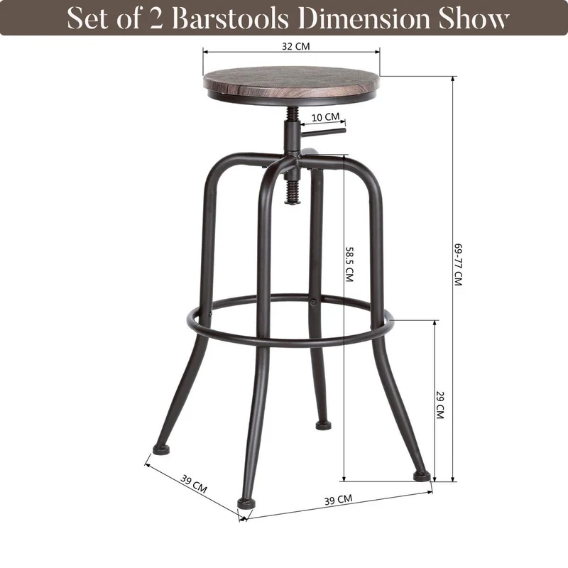 Aingoo Vintage Lot de 2 Tabourets de Bar Industriel Bar Tabouret Hauteur Réglable en Bois de Métal Design Bistro Pub Chaise, Brun Foncé