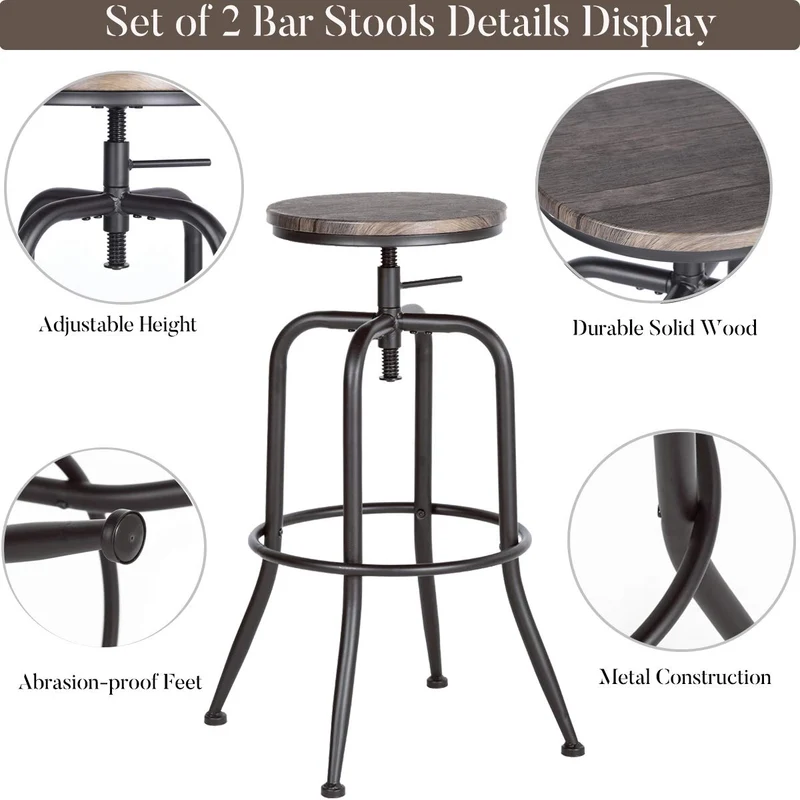 Aingoo Vintage Lot de 2 Tabourets de Bar Industriel Bar Tabouret Hauteur Réglable en Bois de Métal Design Bistro Pub Chaise, Brun Foncé