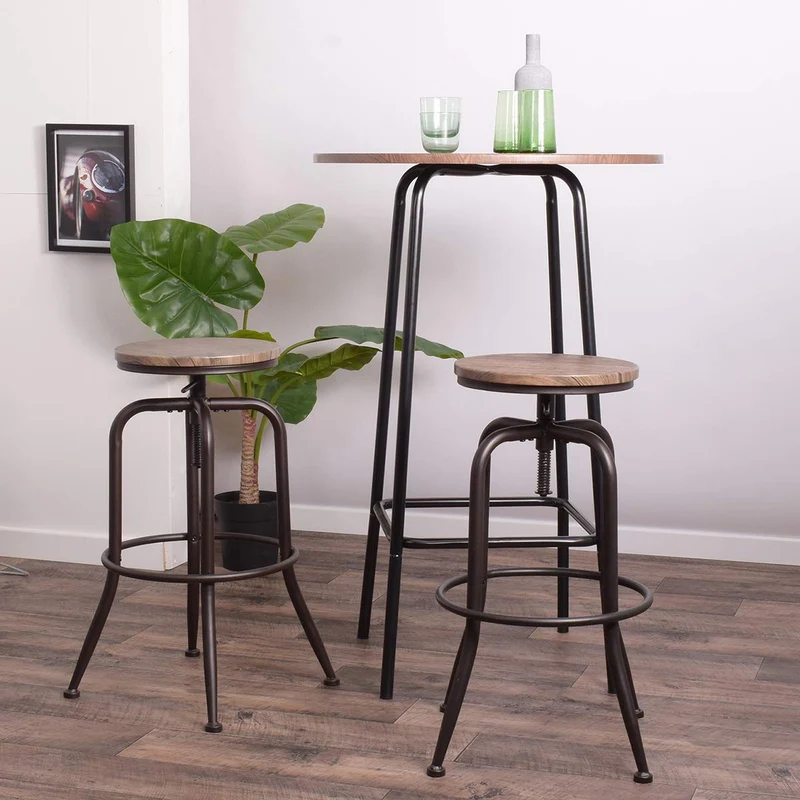 Aingoo Vintage Lot de 2 Tabourets de Bar Industriel Bar Tabouret Hauteur Réglable en Bois de Métal Design Bistro Pub Chaise, Brun Foncé