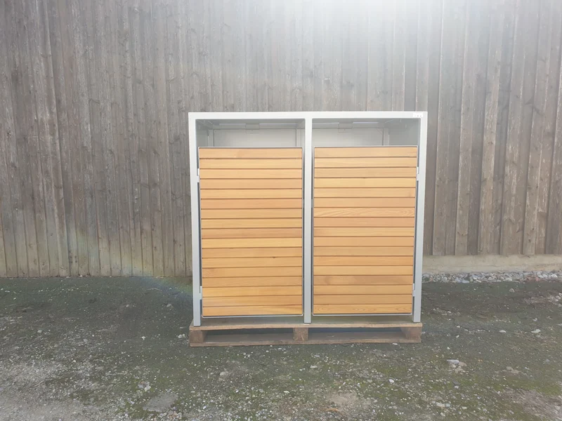 PREMIUM Holz 2er Mülltonnenbox mit Holztüren