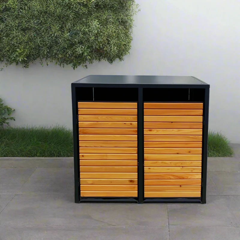 PREMIUM Holz 2er Mülltonnenbox mit Holztüren