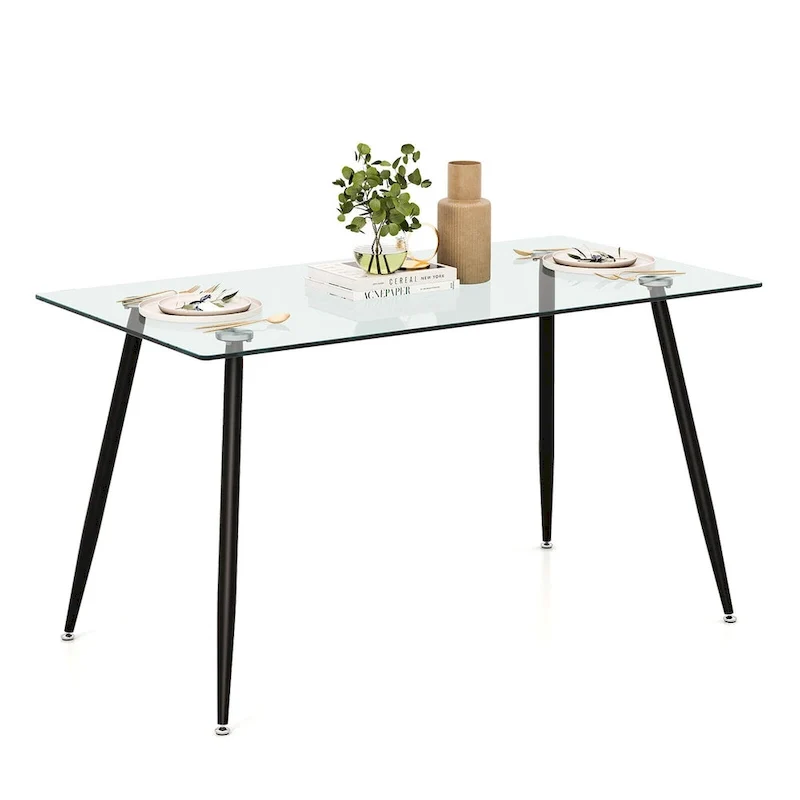 Gymax Modern Glass Dining Table Rectangular Dining Room Table W/Metal