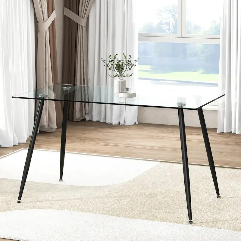 Gymax Modern Glass Dining Table Rectangular Dining Room Table W/Metal
