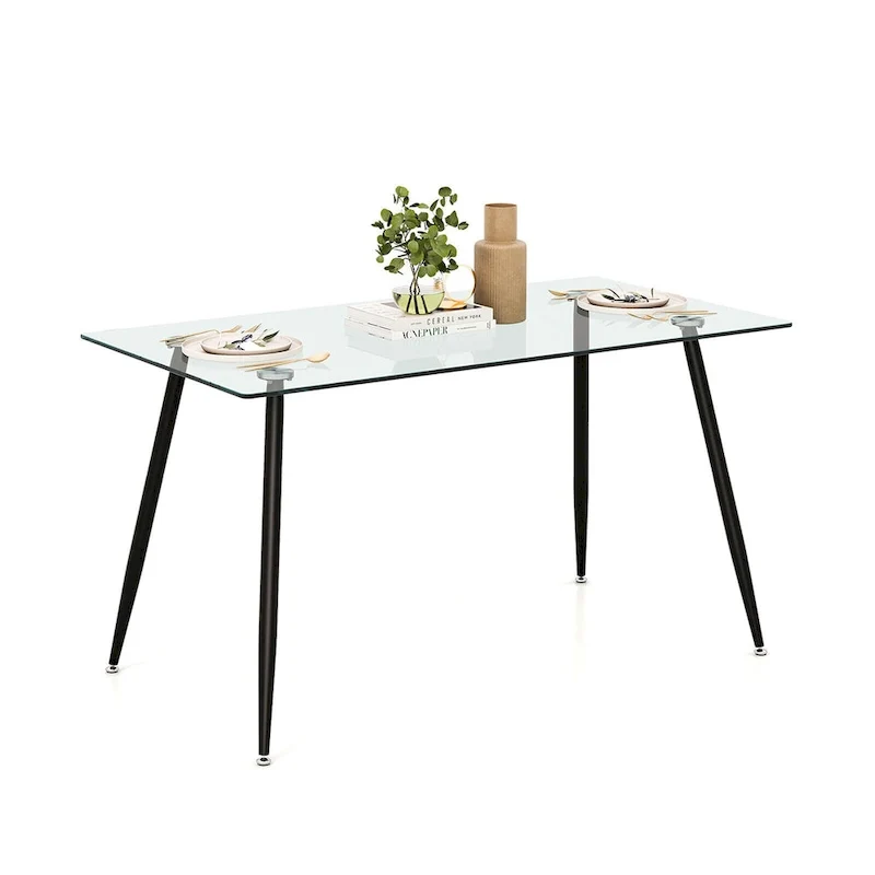 Gymax Modern Glass Dining Table Rectangular Dining Room Table W/Metal