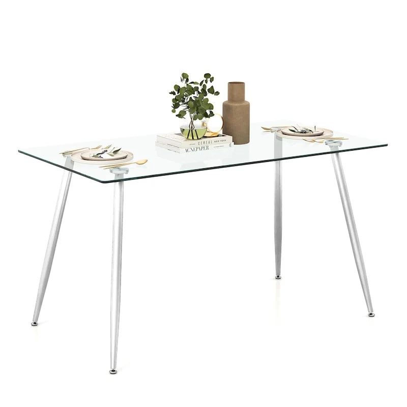 Gymax Modern Glass Dining Table Rectangular Dining Room Table W/Metal
