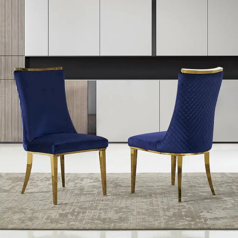 Velvet Dining Room Chairs with Reticulate Texture Back and Metal Trim Top