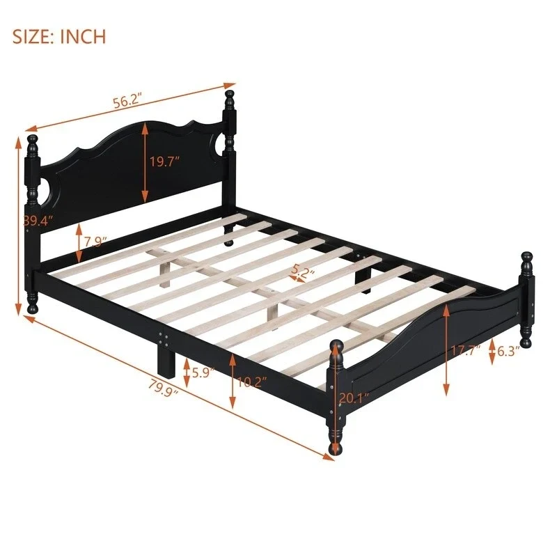 Retro Wood Platform Bed Frame with Wooden Slat Support