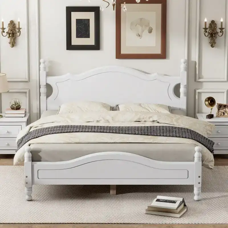 Retro Wood Platform Bed Frame with Wooden Slat Support