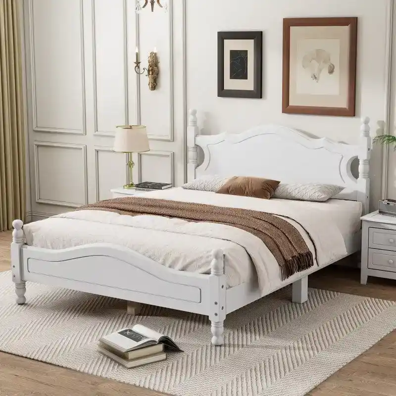 Retro Wood Platform Bed Frame with Wooden Slat Support