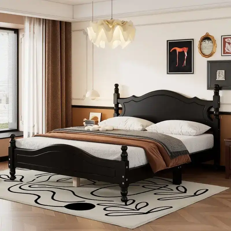 Retro Wood Platform Bed Frame with Wooden Slat Support