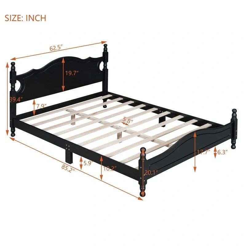 Retro Wood Platform Bed Frame with Wooden Slat Support