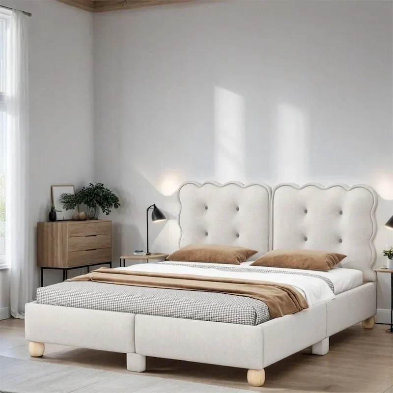 Queen Size Wood Frame Upholstered Platform Bed with Support Legs
