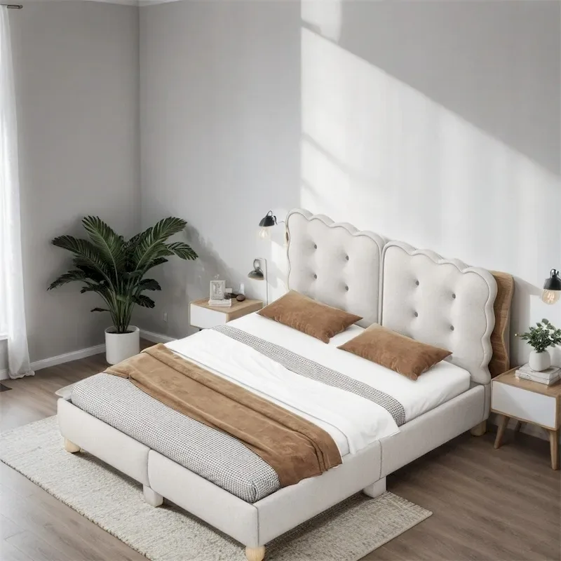 Queen Size Wood Frame Upholstered Platform Bed with Support Legs