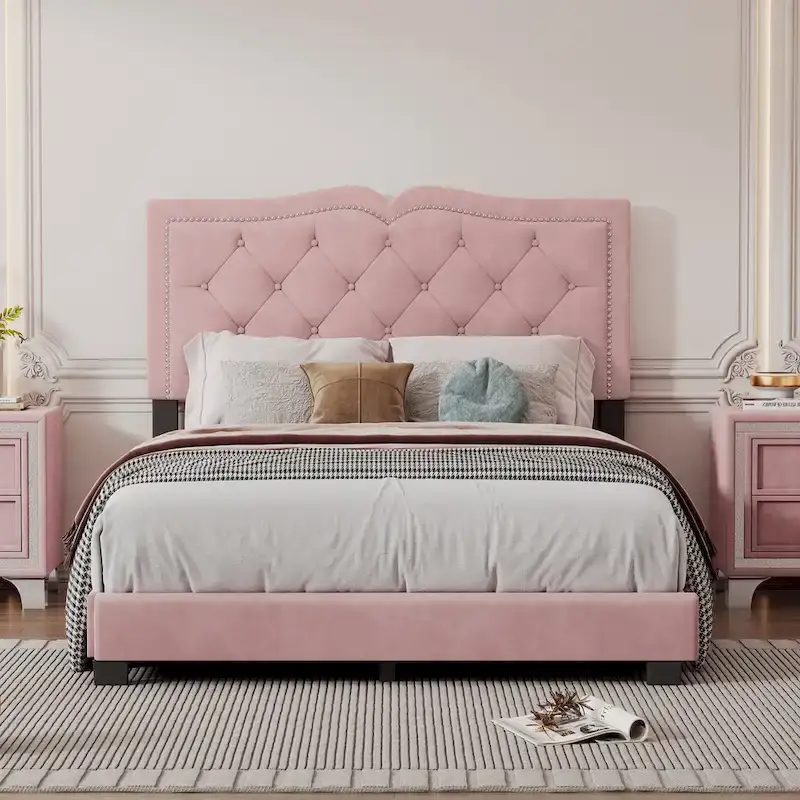 Full Size Modern Velvet Upholstered Platform Bed with Plush Velvet Tufted Headboard for Bedroom