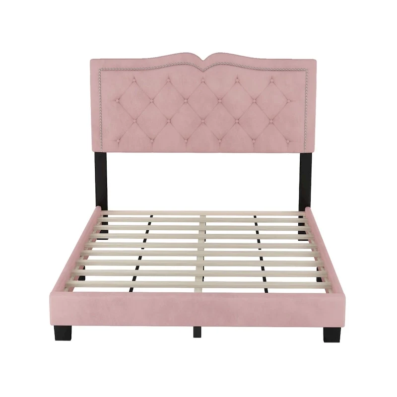 Full Size Modern Velvet Upholstered Platform Bed with Plush Velvet Tufted Headboard for Bedroom