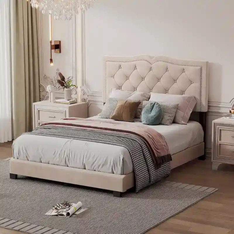 Full Size Modern Velvet Upholstered Platform Bed with Plush Velvet Tufted Headboard for Bedroom