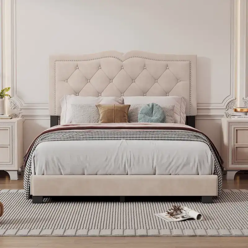 Full Size Modern Velvet Upholstered Platform Bed with Plush Velvet Tufted Headboard for Bedroom