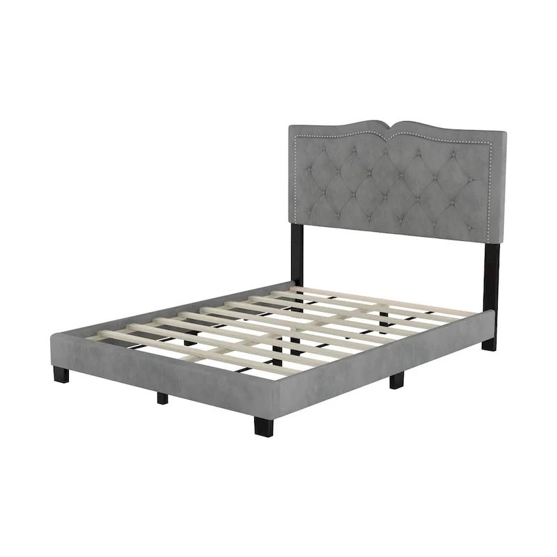 Full Size Modern Velvet Upholstered Platform Bed with Plush Velvet Tufted Headboard for Bedroom