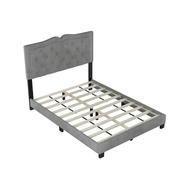 Full Size Modern Velvet Upholstered Platform Bed with Plush Velvet Tufted Headboard for Bedroom