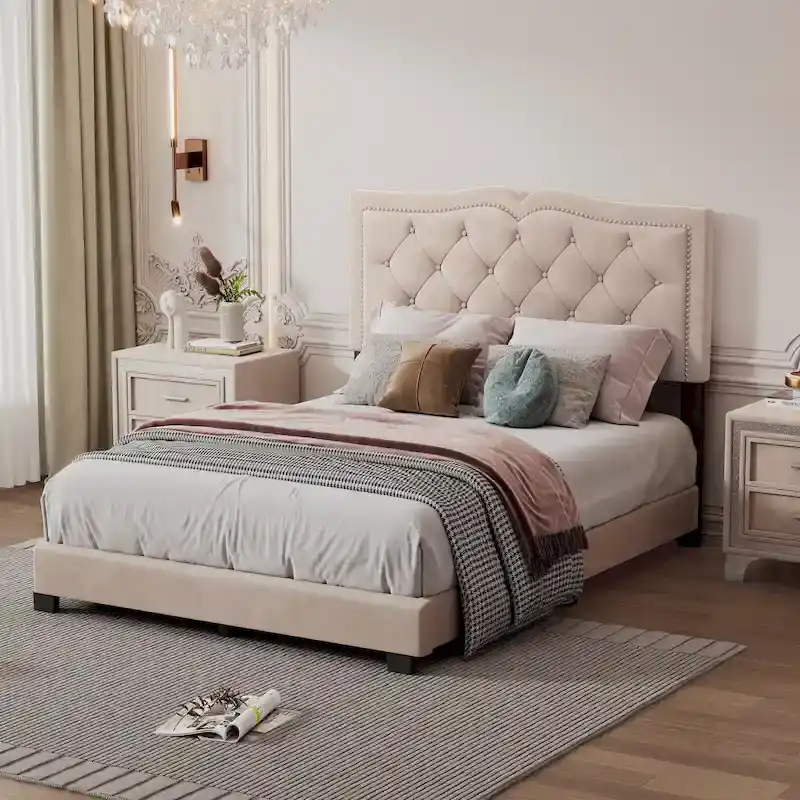 Full Size Modern Velvet Upholstered Platform Bed with Plush Velvet Tufted Headboard for Bedroom