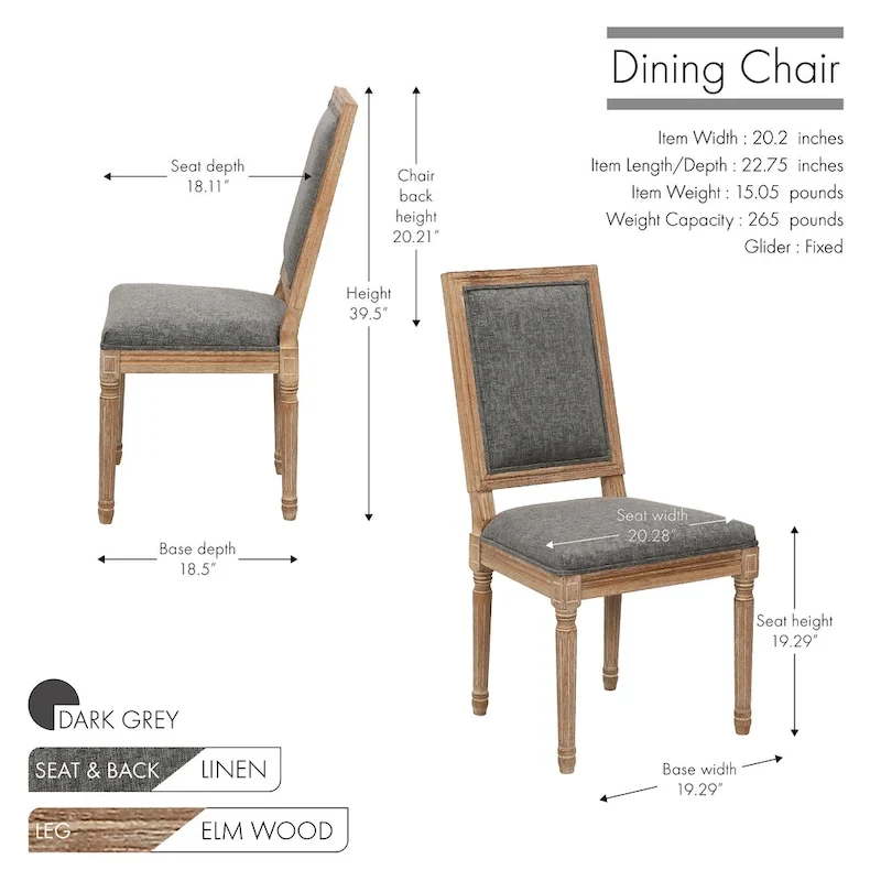 Porthos Home Mako Dining Chairs Set of 2, Rectangular Back, Linen Upholstery, Elm Wood Frame