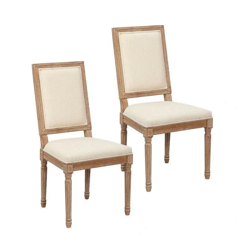 Porthos Home Mako Dining Chairs Set of 2, Rectangular Back, Linen Upholstery, Elm Wood Frame