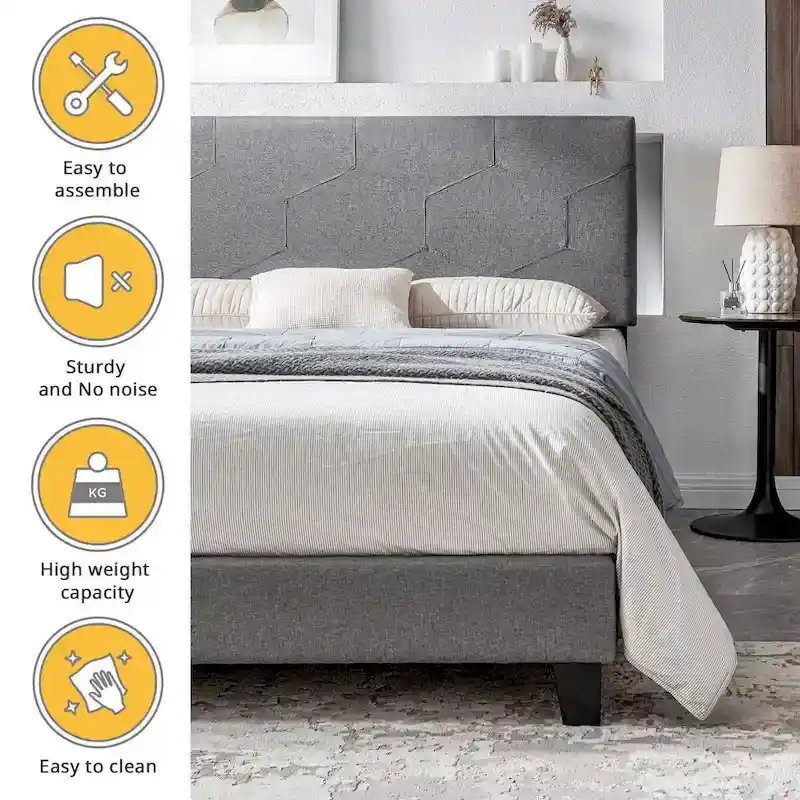Queen Size Upholstered Platform Bed Frame,Wood Slat Support