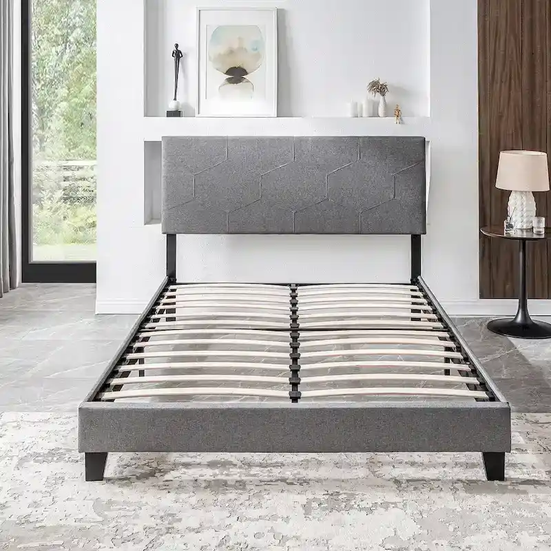 Queen Size Upholstered Platform Bed Frame,Wood Slat Support