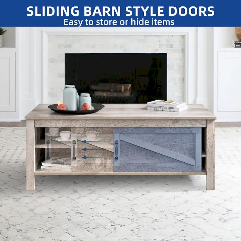 Moasis Farmhouse Rectangle Coffee Table with Adjustable Shelves and Sliding Barn Door