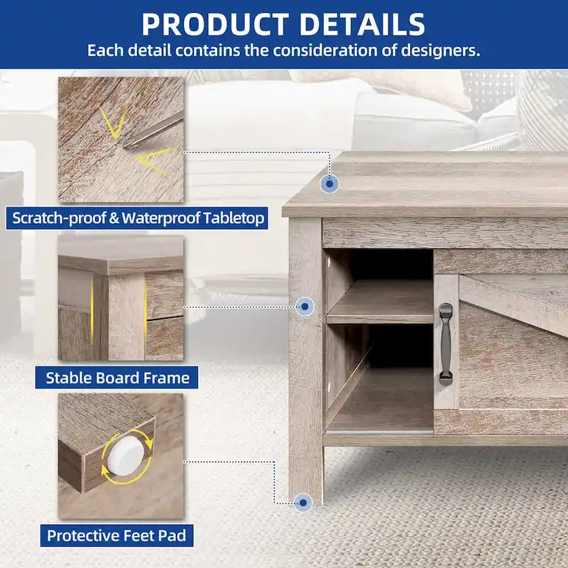 Moasis Farmhouse Rectangle Coffee Table with Adjustable Shelves and Sliding Barn Door