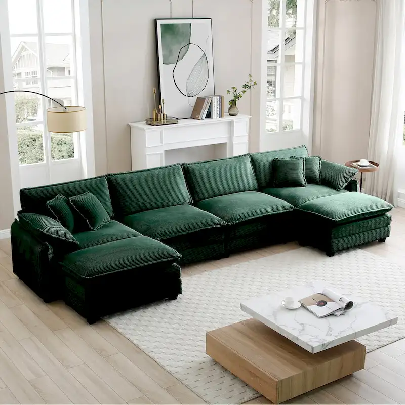 Green 6-piece Oversized Corduroy Upholstered U-Shaped Modular Sectional Sofa with 2 Removable Ottoman and Free Combination