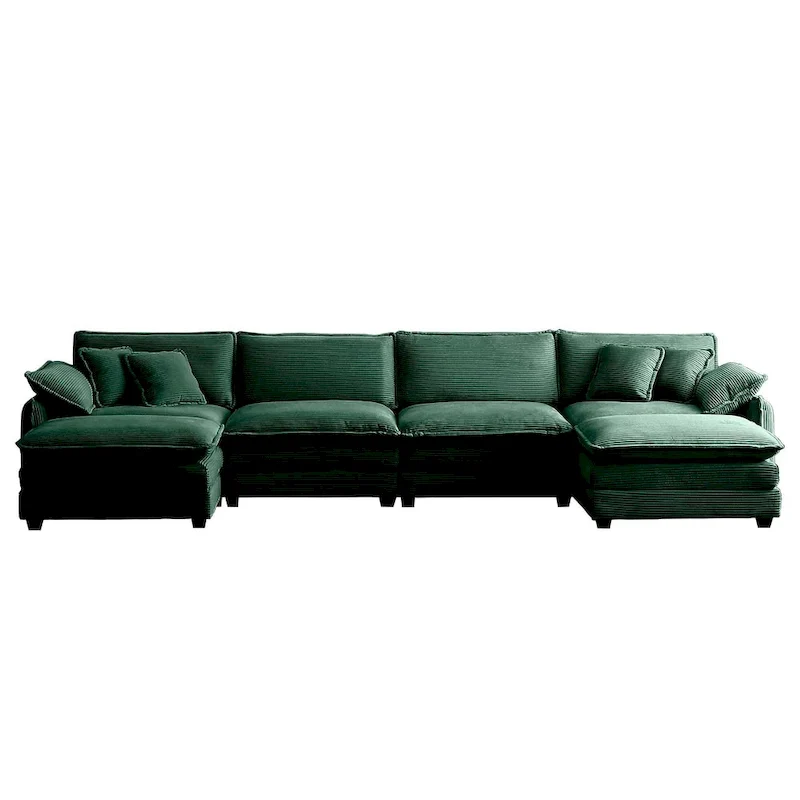 Green 6-piece Oversized Corduroy Upholstered U-Shaped Modular Sectional Sofa with 2 Removable Ottoman and Free Combination