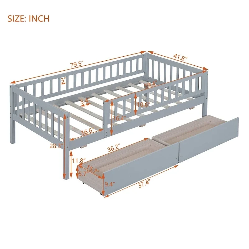 Twin Size Daybed Wood Bed With Two Drawers, Gray