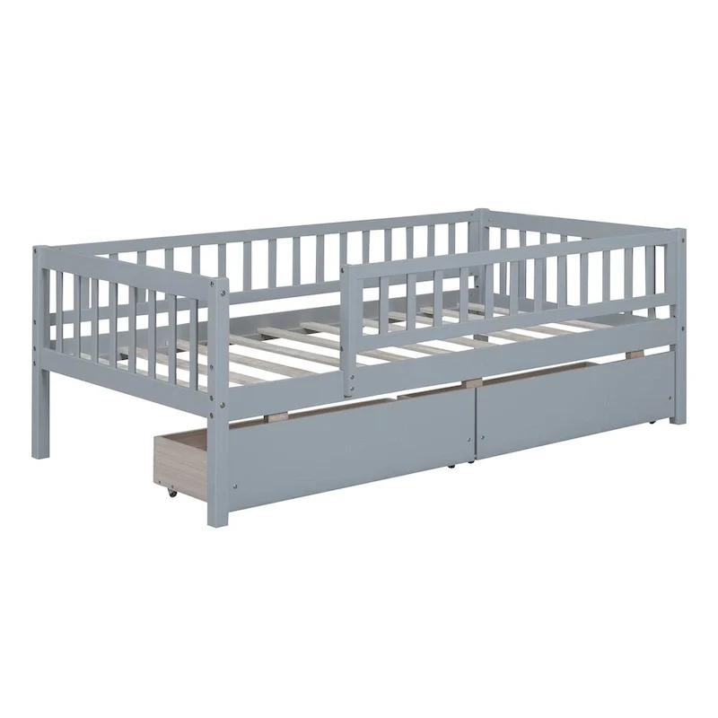 Twin Size Daybed Wood Bed With Two Drawers, Gray