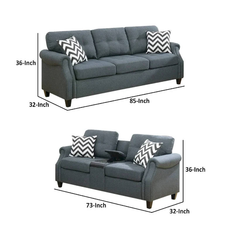 Modern 2 Piece Sofa Set, Loveseat and Pillows, USB Console, Cupholder, Gray