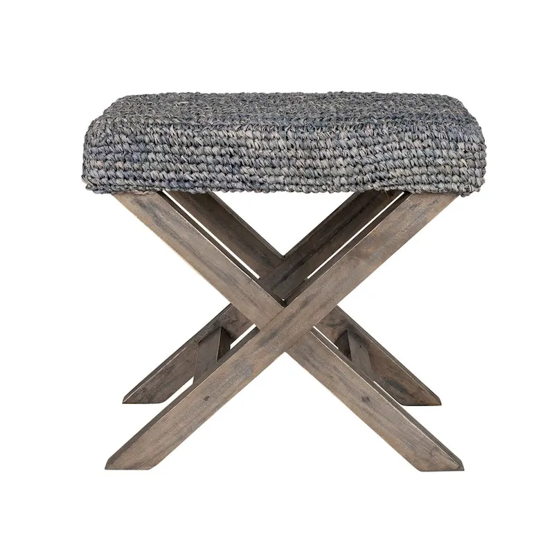 Handmade Natural Raffia And Wood Ottoman by East at Main